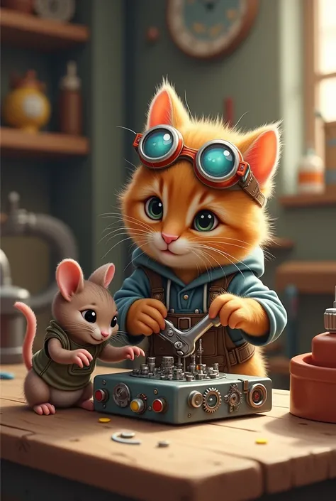 Create an image of a playful kitten dressed as a technician, wearing tiny goggles and a tool belt, sitting at a workbench. The kitten is using a small wrench to fix a gadget. Beside the kitten, theres a small mouse wearing a miniature assistant outfit, hol...