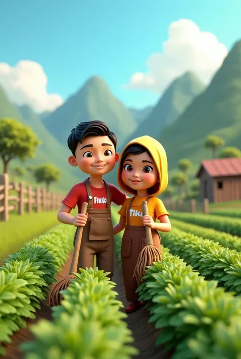 3D cartoon of an Indonesian man with straight black hair wearing a farmer&#39;s outfit with the word Fadil written on it and a female partner with straight yellowish hair with the word Tika writing on it, taking care of the fields behind the house together...