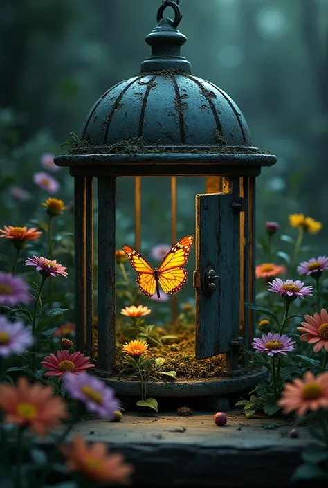 a butterfly in a cage surrounded by many flowers. the door of the cage is slightly open and the cage has cracks or near from breaking. the cage is darker but with hint of light