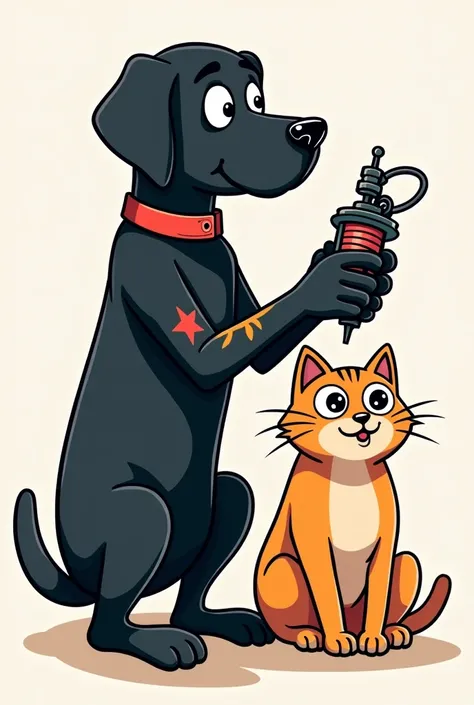 Black labrador dog tattooing a cat with coil machine cartoon logo