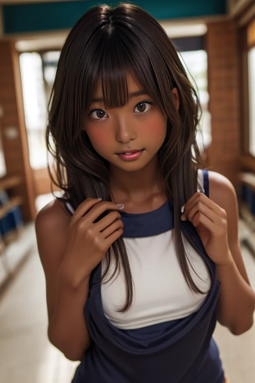 (((( one girl )))), Put your hand over your mouth、Beautiful breasts、 Brown eyes, ((Gal Hairstyles)) blonde, girl, (Eye and facial details:1.0), break, (masterpiece, Highest quality, Very detailed, Detailed face, 8k),( dark skin:2.05 ), (((( school swimsuit...