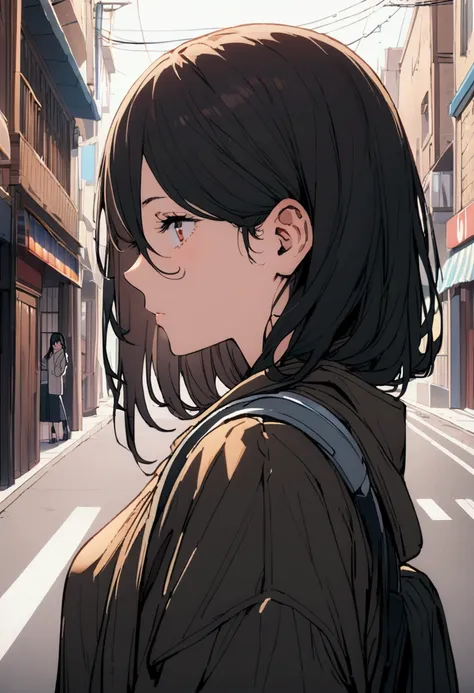 a girl with short black hair wearing headphones walking down the street、side view of the street、a side view of the girl position...