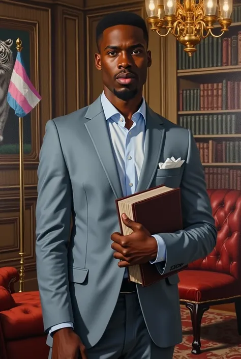 Oil painting, handsome dapper African-American transgendered man, wearing a grey suit with baby blue accents, posed in a relaxed confident way, serious look on face, in a very lavish library room at a mansion, he’s holding a book, there is a transgender fl...