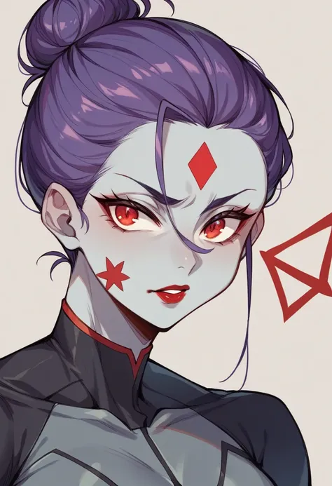 Best Quality, Highest Resolution, girl、Purple Hair、Bun Hair（Knot）、Forehead、Grey skin-tight suit、Red lipstick、Red inverted triangle pattern on cheek、Anime Moe art style、To be trained