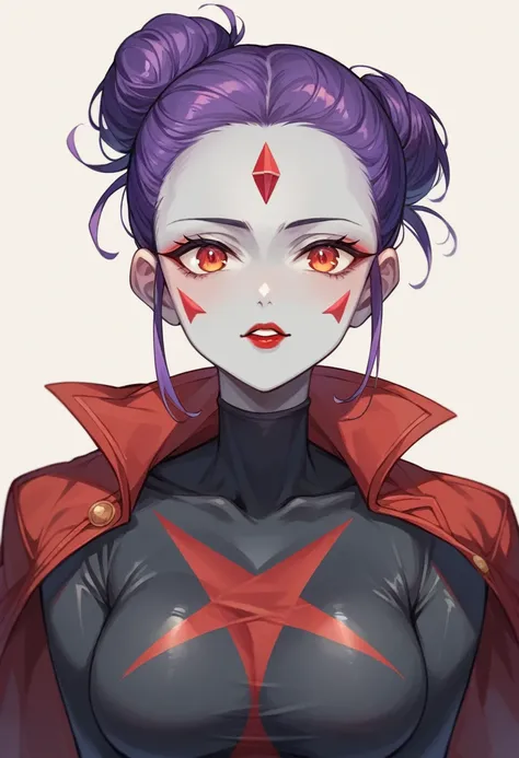 Best Quality, Highest Resolution, girl、Purple Hair、Bun Hair（Knot）、Forehead、Grey skin-tight suit、Red lipstick、Red inverted triangle pattern on cheek、Anime Moe art style、To be trained