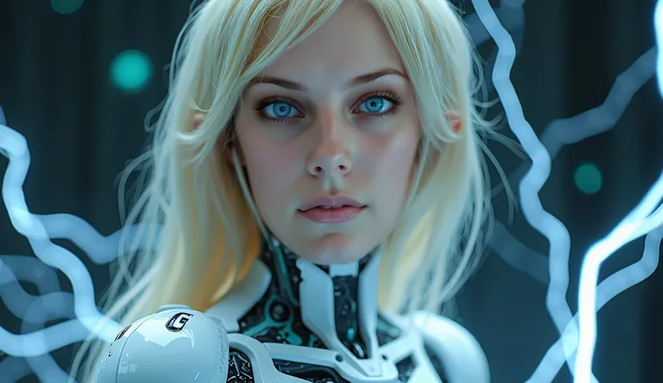 Initially, a cyborg is created by an AI, and as the creation process progresses, she becomes a woman with a human body, blonde with very long blond hair, intense blue eyes, slender, and arcs of electricity form during her transformation.