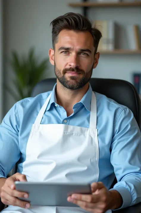 Handsome men, fair face with little bit beard and perfect moustache wearing fent blue colour shirt and white colour apron with stereoscopic siting on a chair and having a tablet of doctor in front of him.