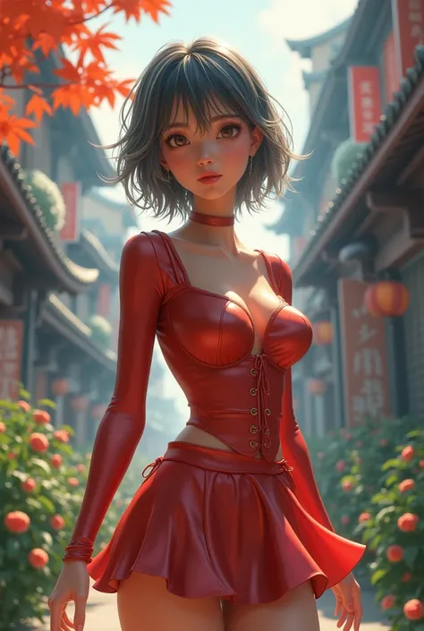 Beautiful Japanese teenager, tight silk long sleeve top, large breasts, bob hair with silver streaks,   short silk skater skirt,  masterpiece, pixar style