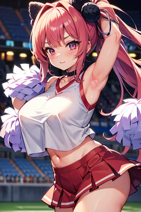 beautiful girl、The chest is large、Cheerleader、The background is the ground、Holding a pom-pom in hand