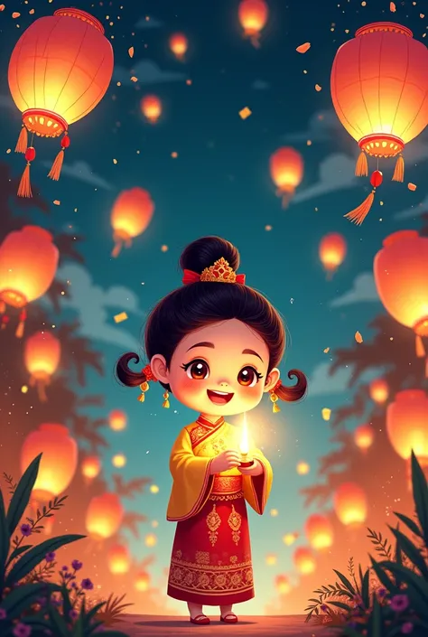 Create a vibrant vector illustration of the Thidingyut festival in Myanmar. Feature a cheerful chibi girl dressed in a traditional Myanmar outfit, myanmar hair style, myanmar dress. She is holding a glowing candle, surrounded by festive decorations and flo...