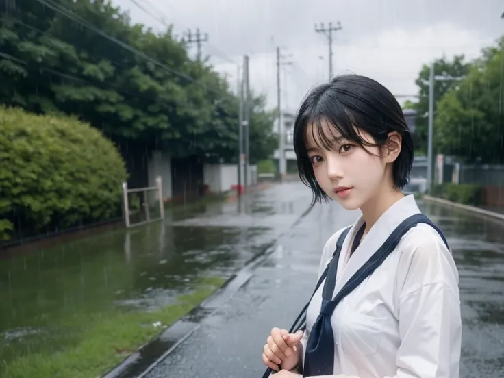 Beautiful Japanese schoolgirl、Short Hair、A soaked uniform、Looking at the camera、Pouring rain、Getting lost、nsfw