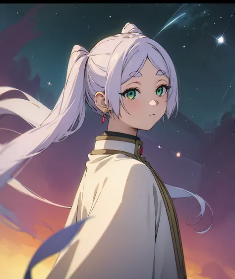 white hair in twin tails, center-parted bangs, round eyebrows, green eyes, starry sky, looking back