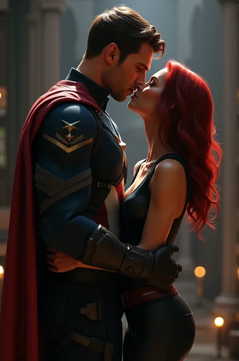 Create 3d- ultra realistic image of captain america kissing with kitty pryde