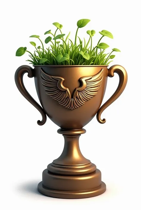 create a bronze trophy with sprouts growing on it, with a wing print on this centralized bronze trophy, clash of clans style on a white background on the front