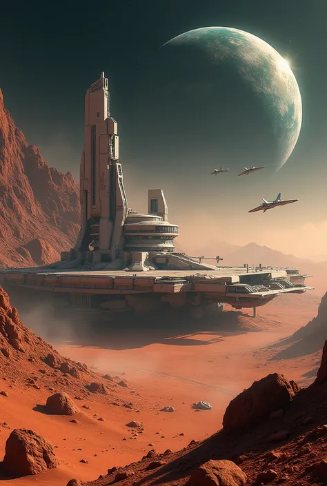 Futuristic and advanced military base on the planet Mars,with the passing of advanced fighter planes,set against a dark outer space sky and planet earth in the distance. realistic,detail,photography,best quality 8k hd.