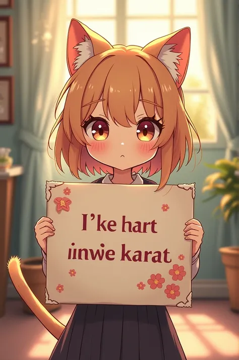 Cat girl holds a poster in her hands with the inscription I love Kairat