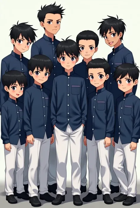 Bangladeshi madrasa students and school students together group style photo generate navy blue shirt color pants white color hair black madrasa and school anime style student Muslim boys