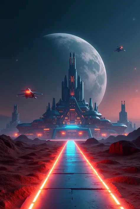 A neon LED-lit path leads to a futuristic, state-of-the-art military base on Mars.,with the passing of advanced fighter planes,set against a dark outer space sky and planet earth in the distance. realistic,detail,photography,best quality 8k hd.