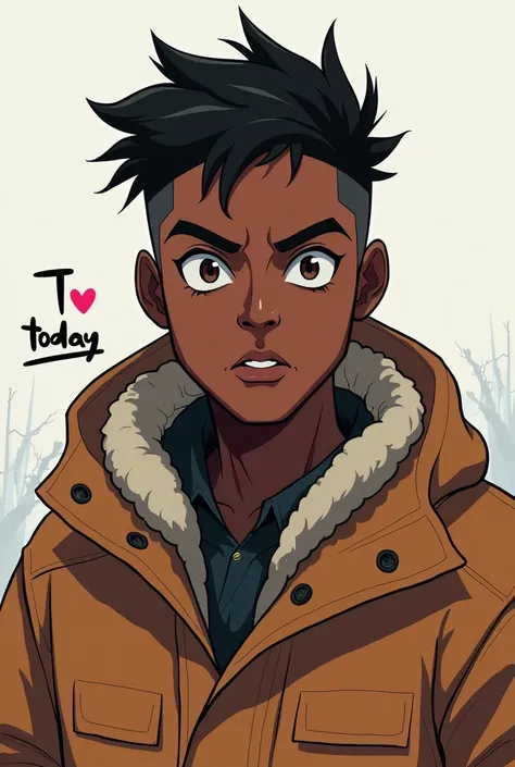 A black man with anime style and a winter jacket and a simple drawing and write "Today" in the picture, write the letter t with a capital letter.