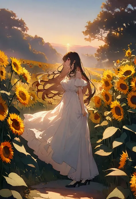 Generate a preliminary sketch for a landscape painting that combines the colors of Monet, the opulent atmosphere of Klimt, and the delicate style of Kyosuke Chinai. The theme is summer sunflowers. The scene should portray sunflowers in focus with a backdro...