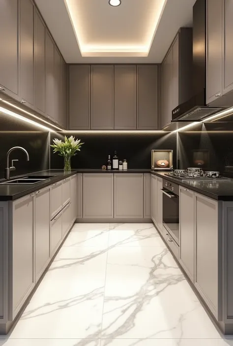 Kitchen cabinet design color coordination with white marble floor and black worktop 