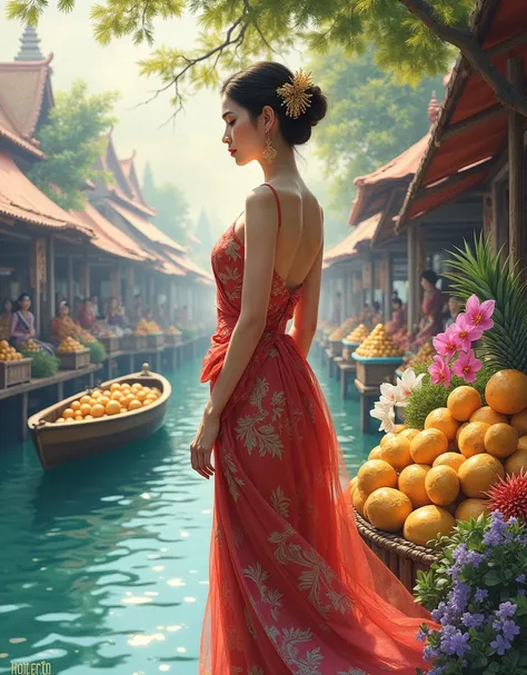 A majestic female figure draped in ornate Thai brocade, serene amidst a kaleidoscope of vendors, as a wooden boat glides through a tapestry of vibrant hues, with pyramids of golden pineapple and velvety orchids, Use soft, elegant watercolor style with deli...