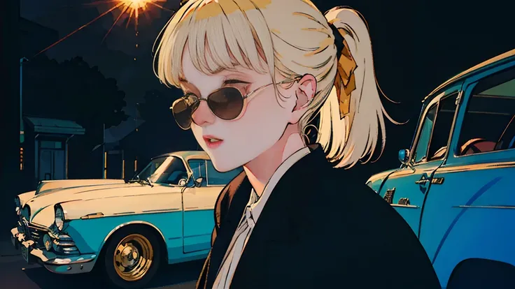 Russian beauty with ponytail gold hair, old car in background, perfect face, sunglasses, smoking white tailor-made cigarette, neo-noir, (after backlight correction: 1.1), hard shadow, masterpiece, top quality, , model shooting style, vintage, film grain, p...