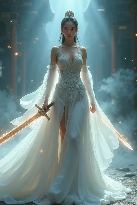 (looking up at viewer, facing viewer), digital art ilustration, depth of field, cinematic light, chiarosaurio, mist, particles, sparks,reflections, a female princess (Disney princess Mulan, Dilraba Dilmurat) wearing extremely sexy white chinese princess en...