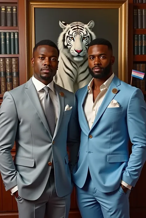 Oil painting, two handsome dapper African-American men, one wearing a grey suit with baby blue accents, one wearing a baby blue suit with gold accents, posed in a relaxed confident way, serious look on face, in a very lavish library room at a mansion, ther...