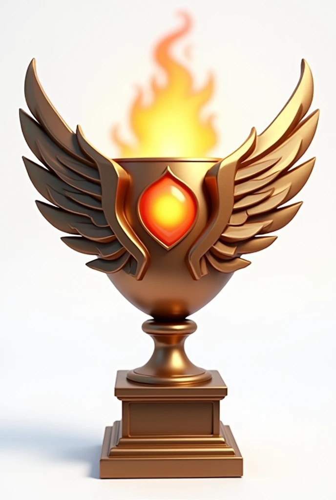 create a bronze trophy with a small flame rising from inside it, with a wings print on this centralized bronze trophy, clash of clans style on a white background on the front.