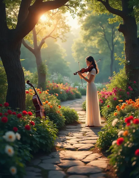 Western-style garden、A woman wearing a beautiful dress from head to toe is playing the violin、AsianBeauty、Full body、色とりどりの花と背の高いtree々In a lush garden surrounded by、Stringed instruments such as a violin and a cello are gently placed among the plants.。The sc...