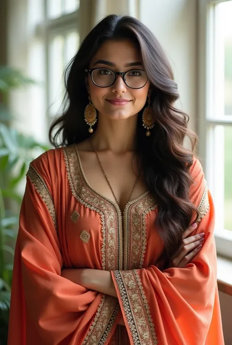 One smart girls full in Pakistani clothes stand with window hair still unique with glasses dimple as a Pakistani actre Hania amir