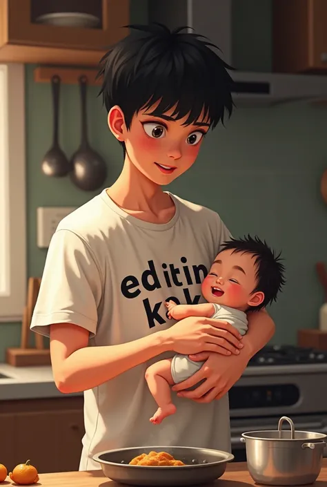 an Asian man aged 20 is standing holding a baby while cooking in the kitchen. The text editin kak on his shirt.