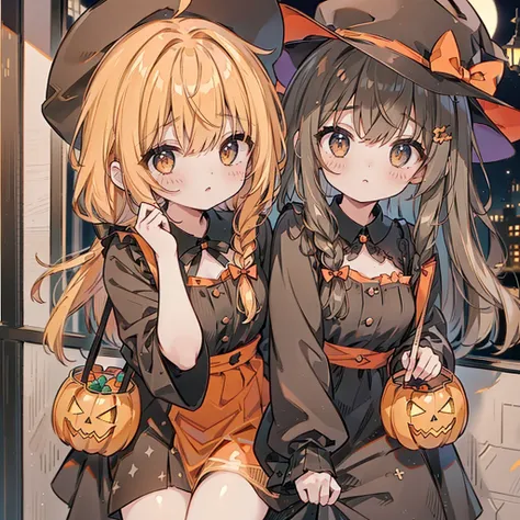 One girl、Perfect Anatomy、(((Super fine、Best Quality、masterpiece)))、Original cute hairstyle、Trick or Treat、Orange and original cute costume、Halloween、Orange and black palette、