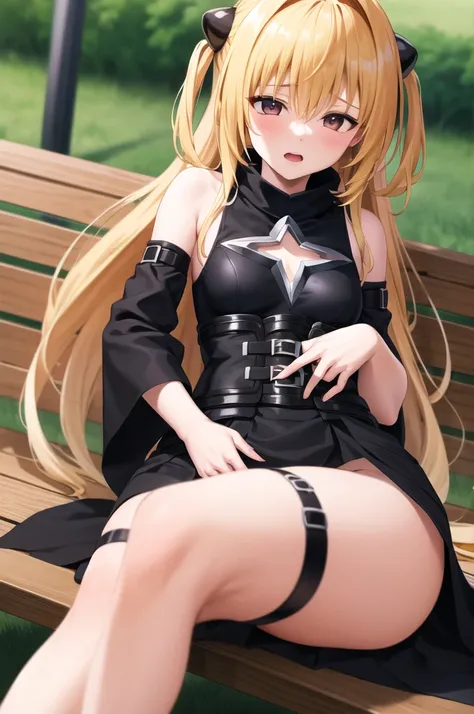 masterpiece, Best Quality, High resolution, aayami, Very long hair, Both sides up, Hair accessories, Exposing shoulders, Black Dress, Clothing cutouts, Small breasts, Removable sleeves, belt, Slim and beautiful legs, Thigh straps, sitting on a park bench,,...