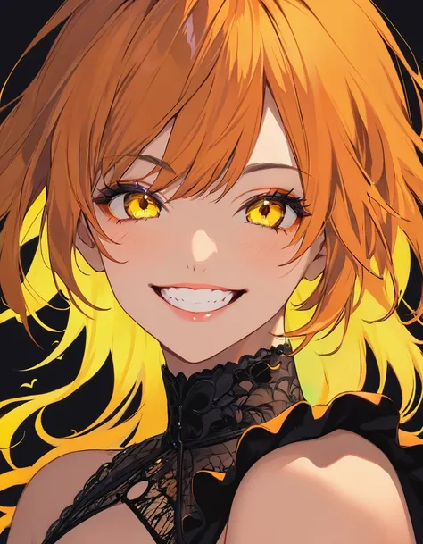 Cool adult woman、Short orange hair and yellow eyes、Black Dress、Neon Background、Fearless Smile、(Face close-up)、Halloween