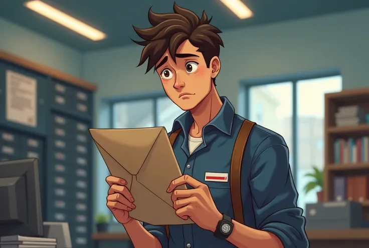 A yong male post office worker looking at a letter with a worried 