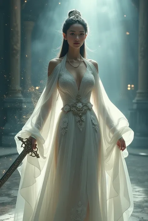 (looking up at viewer, facing viewer), digital art ilustration, depth of field, cinematic light, chiarosaurio, mist, particles, sparks,reflections, a female princess (Disney princess Mulan, Dilraba Dilmurat) wearing extremely sexy white chinese princess en...