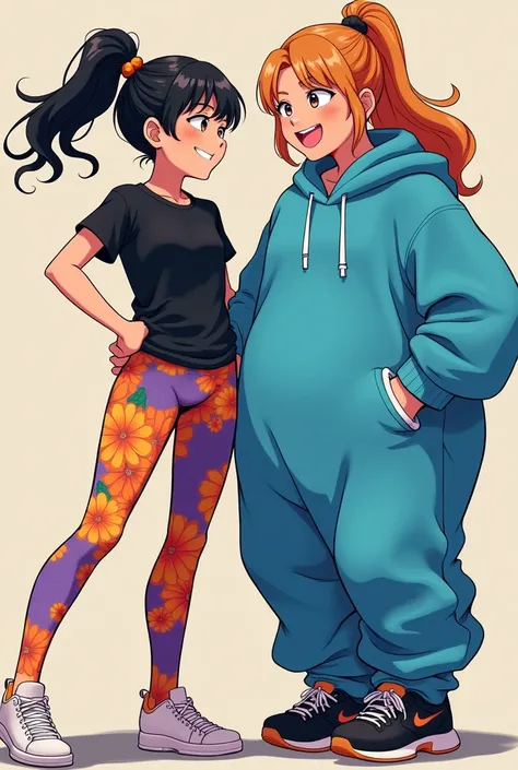 Anime teenage girl in Orange and Purple Floral Leggings and Black Short sleeve shirt with another teenage Girl in a Blue Sweat Suit with an oversized butt