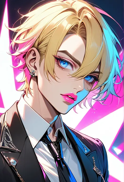 Male, with blond hair, with short hair, with light blue eyee, he is wearing a mafia outfit, he is flat chested like a man, he has pretty pink lips, he has pericings, he is wearing pink eyeshadow.