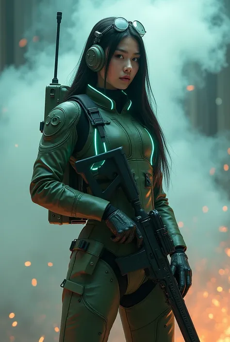 Bergaya photography,A beautiful Korean woman,long black hair blowing in the wind,wearing a futuristic and sophisticated astronaut battle suit,army green with neon lights,wearing earphones with transparent glasses,carrying a sophisticated and futuristic rif...