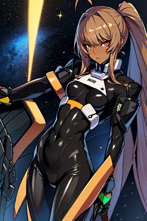 1girl, slender body, slim, extremely long ponytail, brown hair, brown eyes, light brown skin, ((ochre and black latex bodysuit)), (black armor), ((extremely glossy)), cyberwear, space background, starship interior
