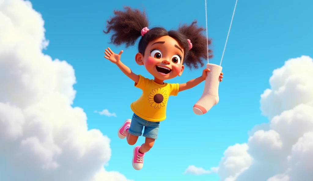 "Maya, curly brown hair tied in two pigtails, big excited eyes, wearing a bright yellow t-shirt with a sunflower on it, blue denim shorts, and pink sneakers, flying through a bright blue sky with fluffy white clouds. Maya is gripping the floating sock as i...