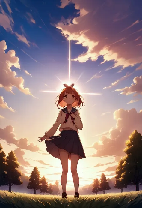 Sally Acorn, One girl, Alone, tree, null, Outdoor, skirt, cloud, brown, hair, sunset, lens, Flare, scenery, School, Uniform, sun, wind, length, sleeve, Animal Nose