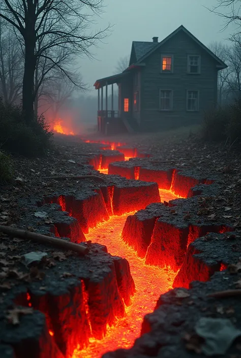 Jardin d’une maison avec des flammes sortant du sol, entourées de débris. On peut voir les fissures de volcan dans le sol et les fissures sont rouges 