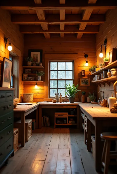 A room with wall light and wooden work