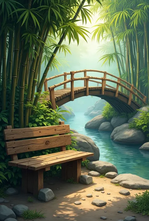 Vietnamese wooden bench with bamboo bridge image