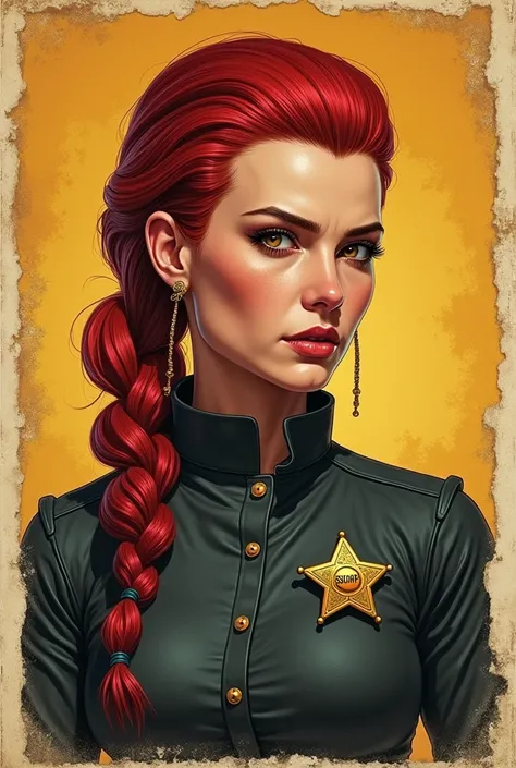 Cigarette card of female sheriff from Red Dead Redemption 2, red slicked back hair, detailed portrait, visible shérif star, vintage illustration, high-res, realistic colors, intricate drawing, aged paper texture, vibrant colors, dramatic lighting