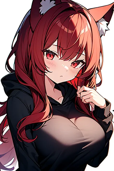 One girl, High resolution, Hair with outward curls, Red Hair, Red eyes, Close your mouth, Put on the hood, Wolf Ears, Large Breasts, Sleepy face, Simple Background, anime, Textured skin, 