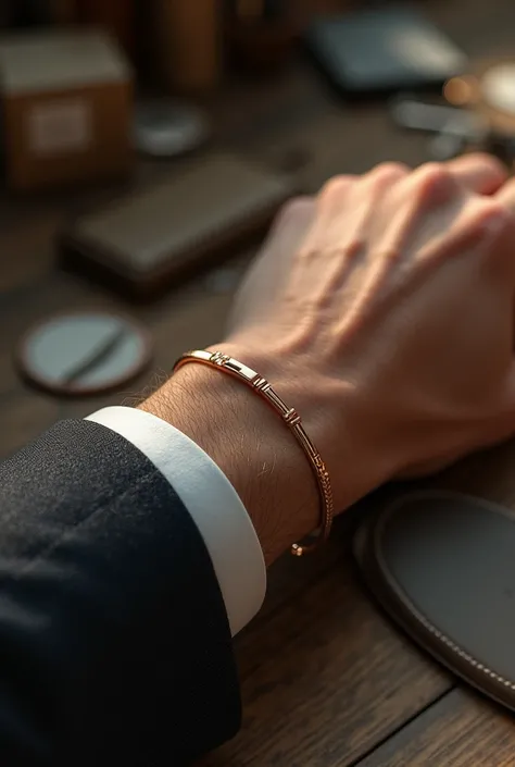 Create a mans veiny wrist(wheat in colour) wearing a very simple rose gold bracelet  in a messy table background 